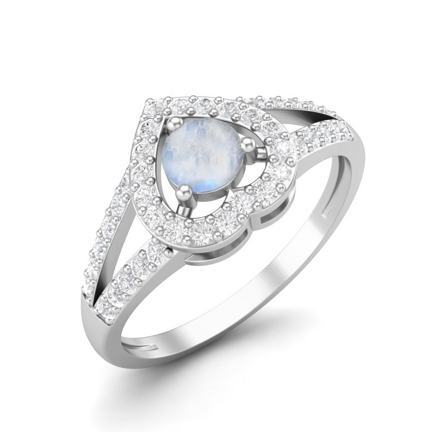 Heart Moonstone Halo & Split Band Ring - Sterling Silver