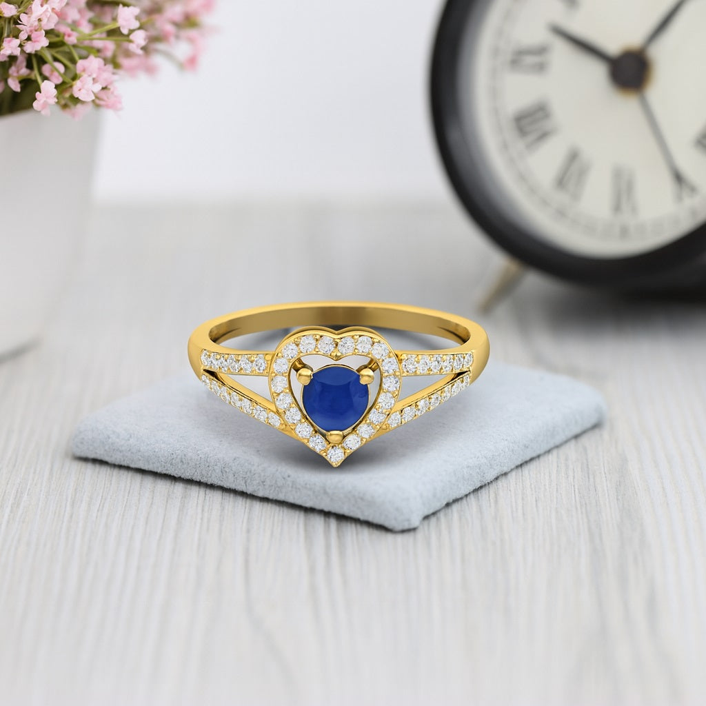 Blue Sapphire 0.25 Ct Round Heart Halo Split Shank Ring - 14K Yellow Gold