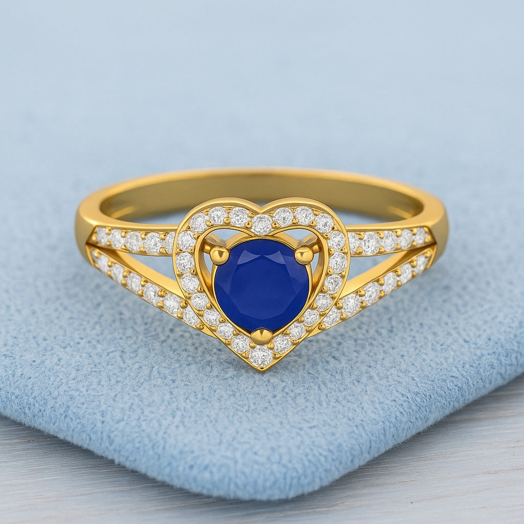 Blue Sapphire 0.25 Ct Round Heart Halo Split Shank Ring - 14K Yellow Gold