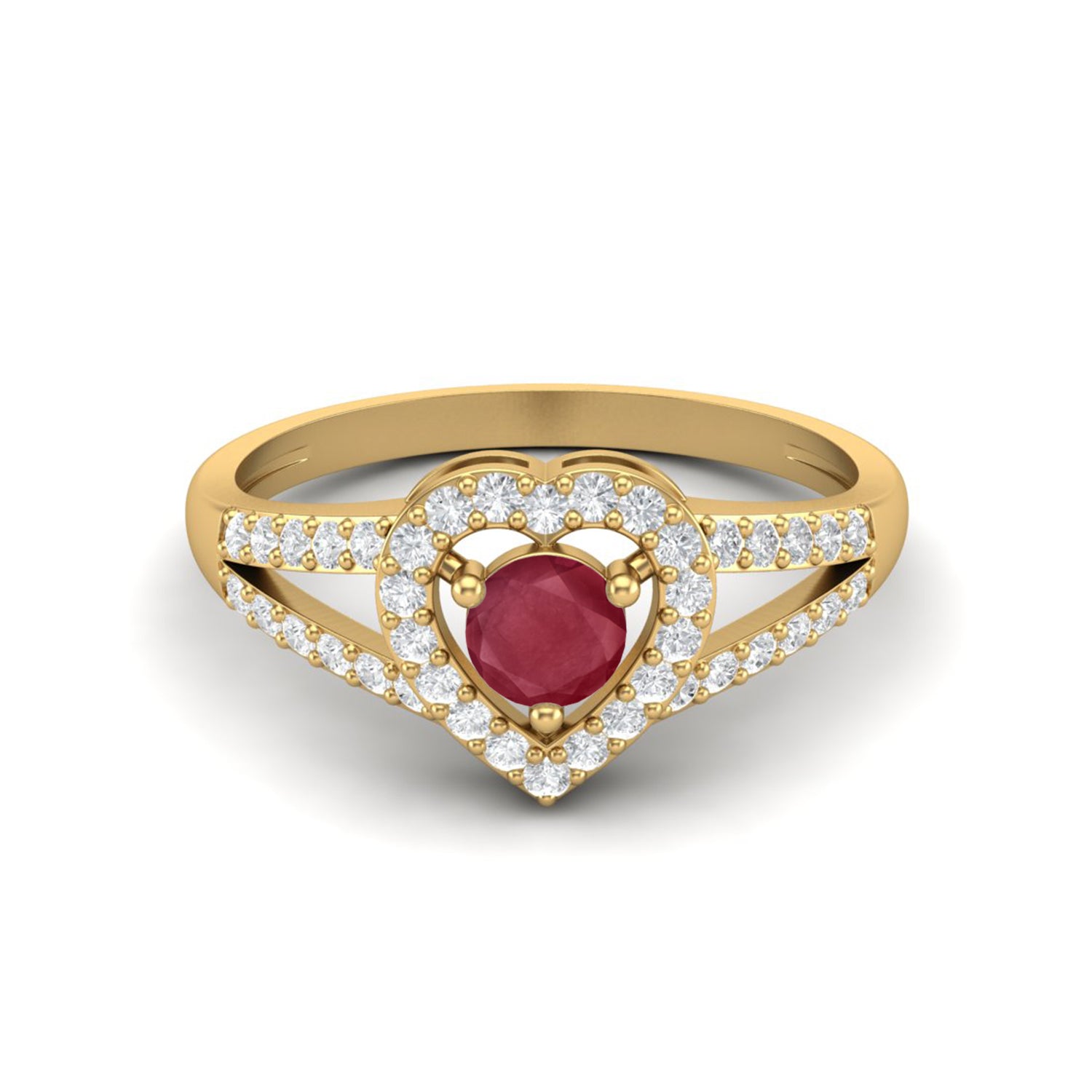 Ruby 0.25 Ct Round Heart Halo Split Shank Ring - 14k Yellow Gold