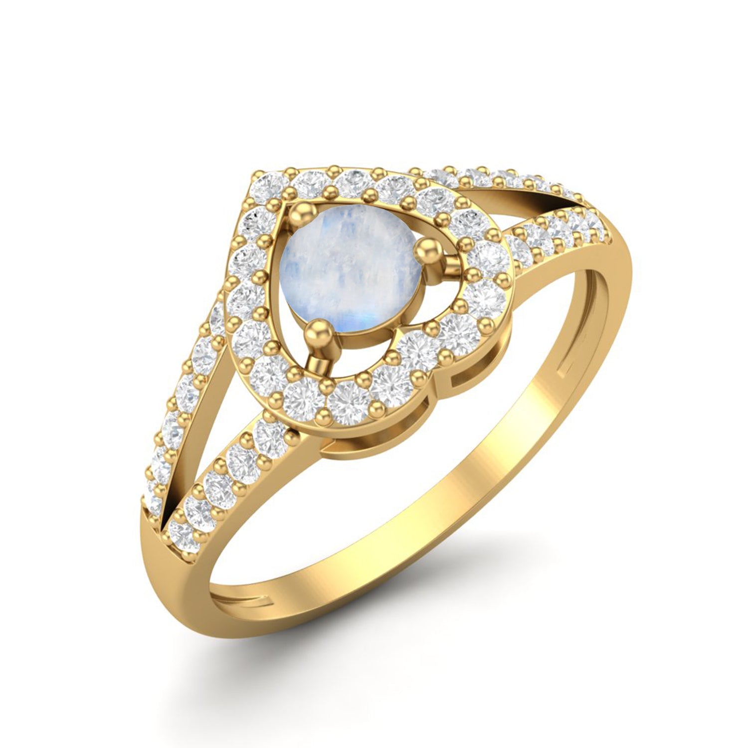Heart Moonstone Halo & Split Band Ring - Sterling Silver