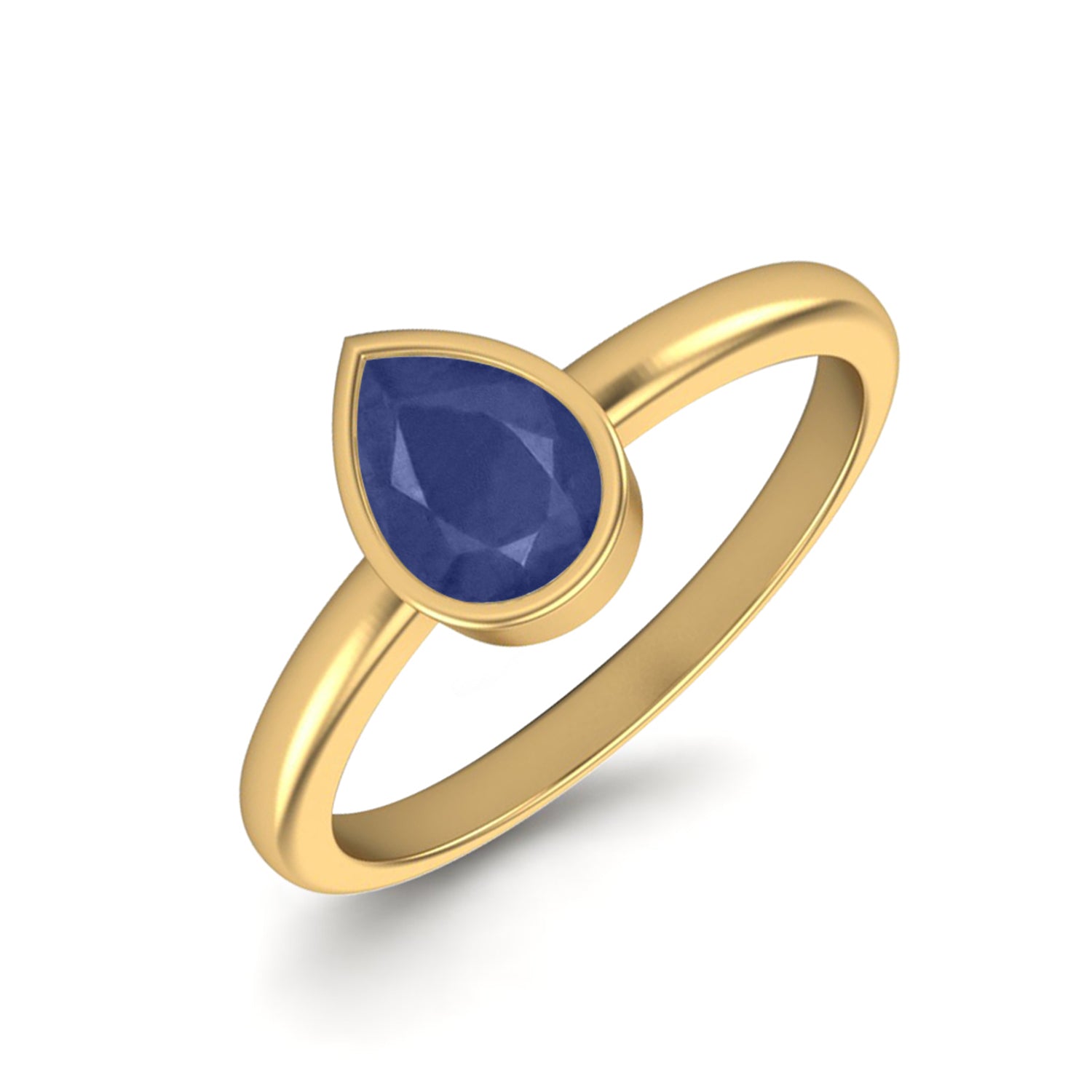 Blue Sapphire 0.75 Ct Bezel Set Pear Cut Minimalist Ring - 14K Yellow Gold