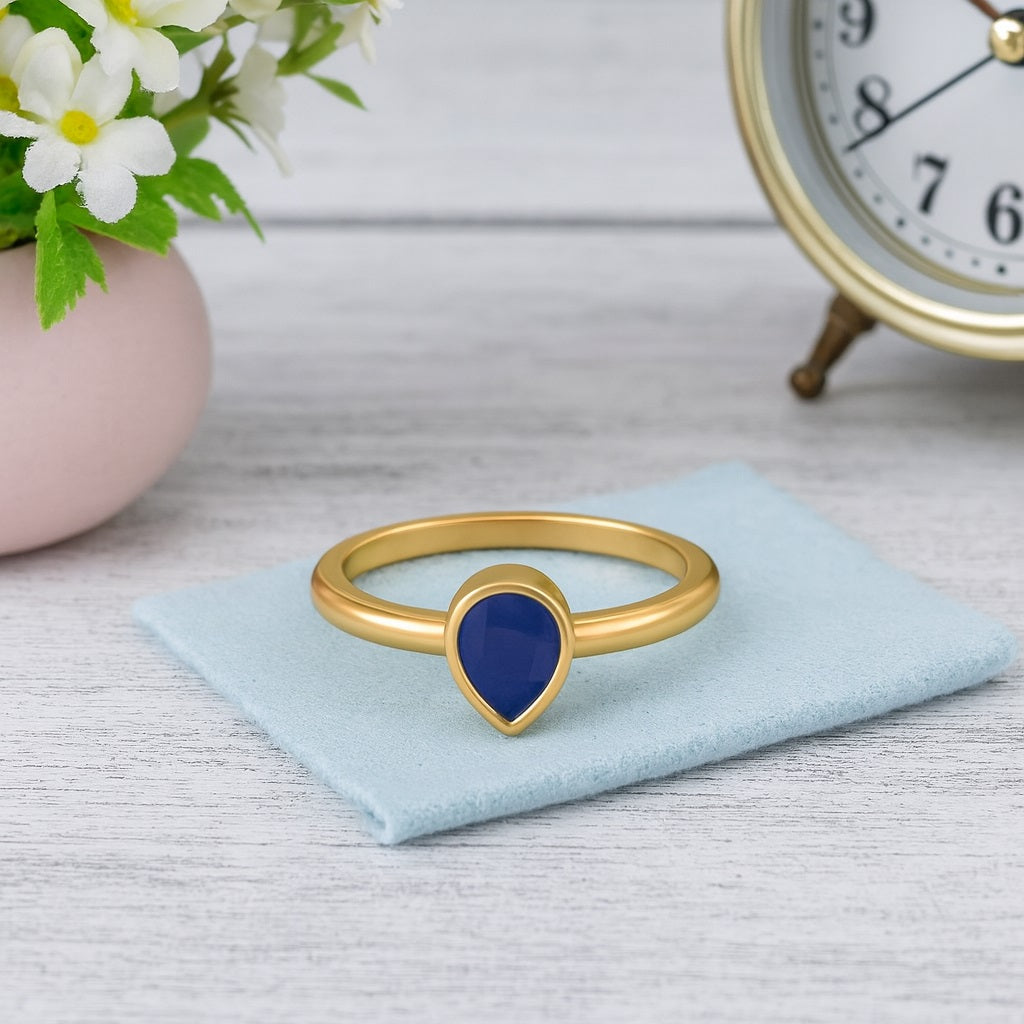 Blue Sapphire 0.75 Ct Bezel Set Pear Cut Minimalist Ring - 14K Yellow Gold