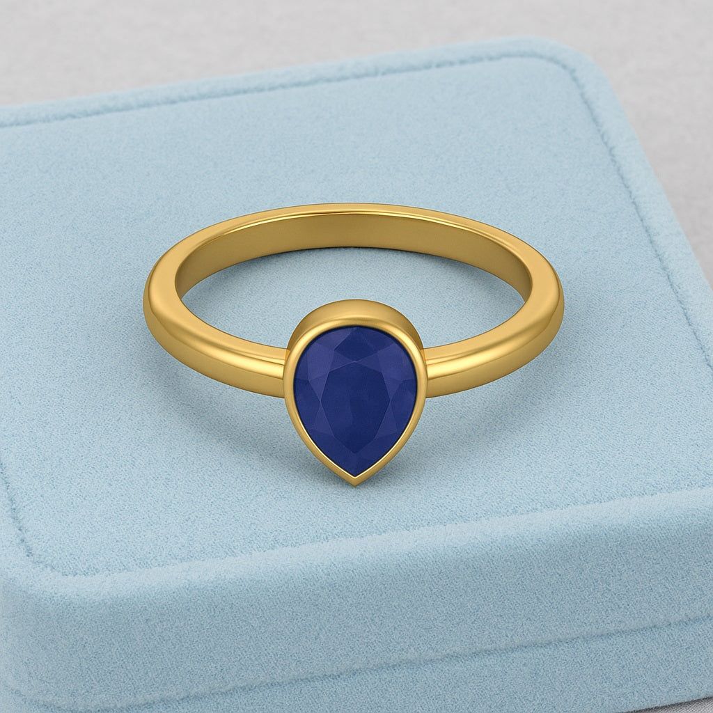 Blue Sapphire 0.75 Ct Bezel Set Pear Cut Minimalist Ring - 14K Yellow Gold