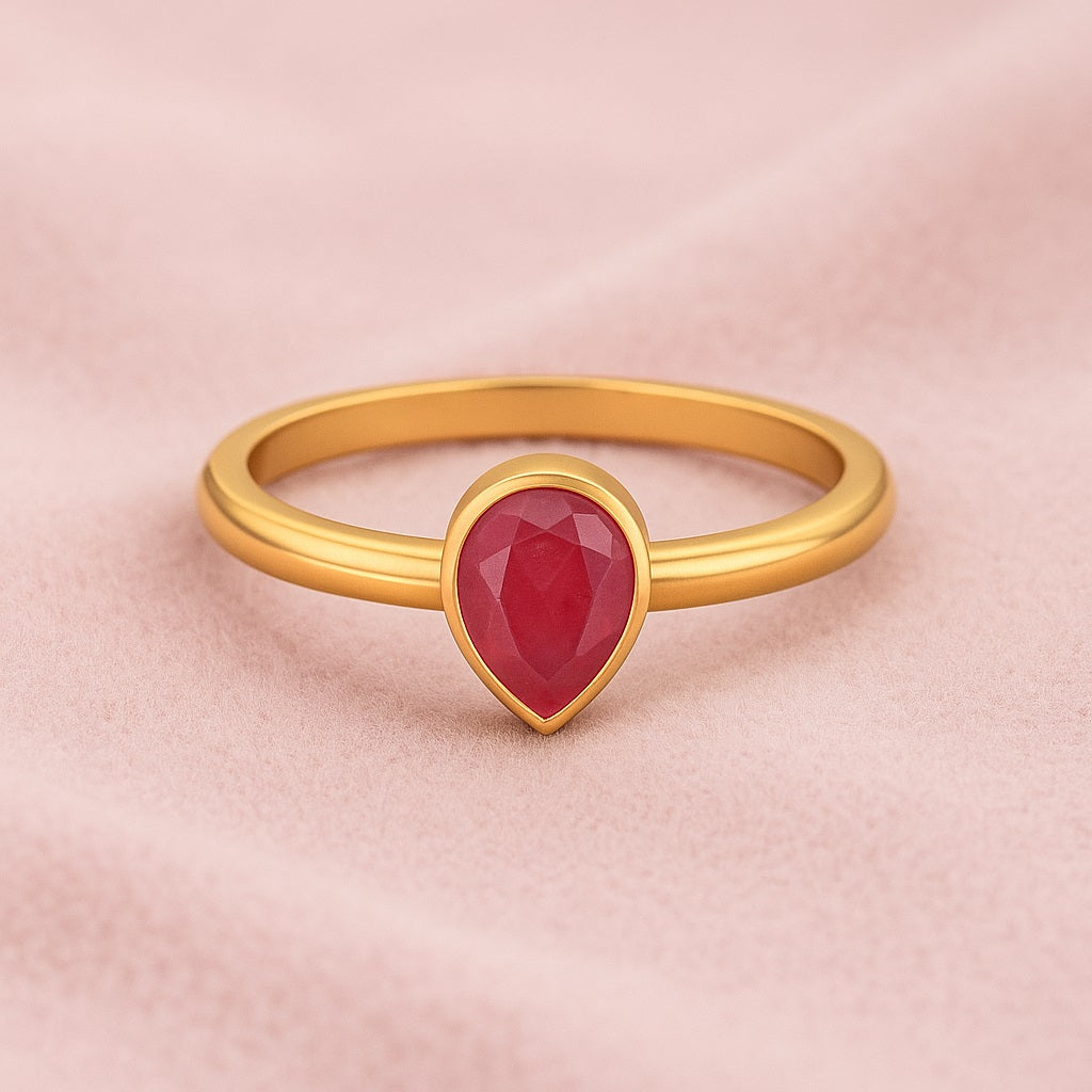 Ruby 0.75 Ct Pear Minimalist Bezel Solitaire Ring - 14k Yellow Gold