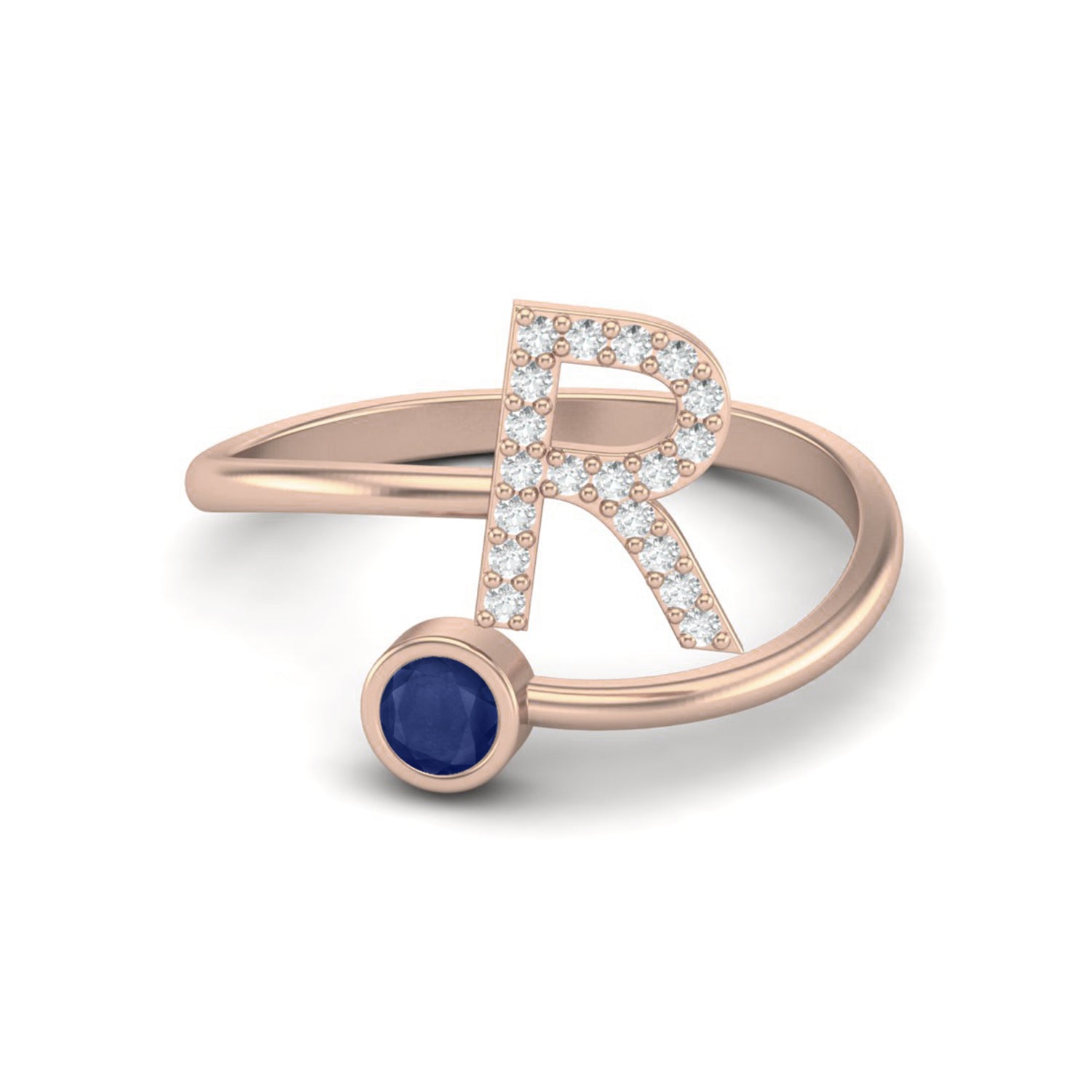 Anello con iniziale R maiuscola in zaffiro blu, regolabile, aperto sul davanti, in argento sterling 925