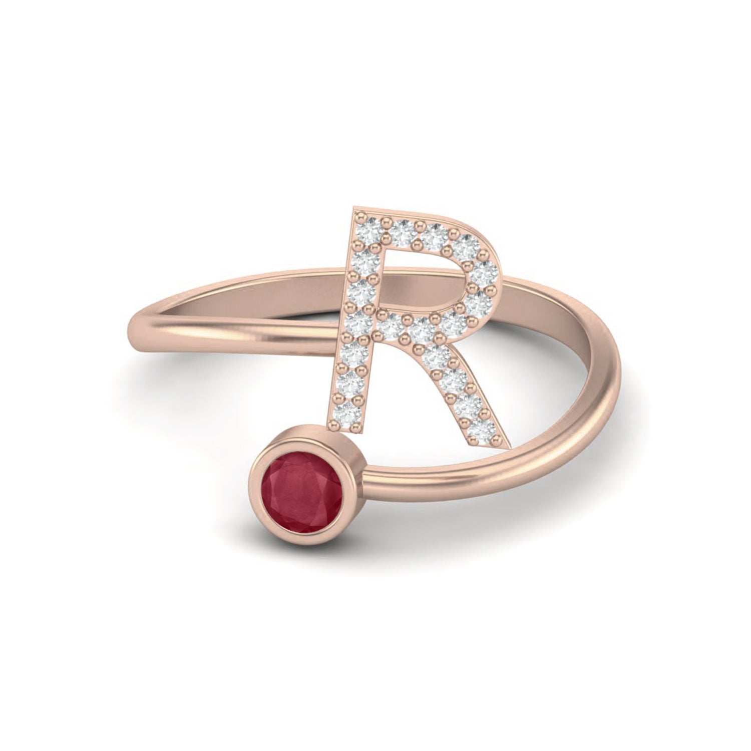Ruby 0.10 Ct Round Initial "R" Ring- 14k Fine Yellow Gold
