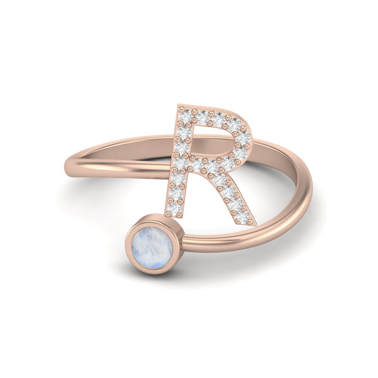 Moonstone Initial "R" Ring – Personalized Open Design Ring- Sterling Silver
