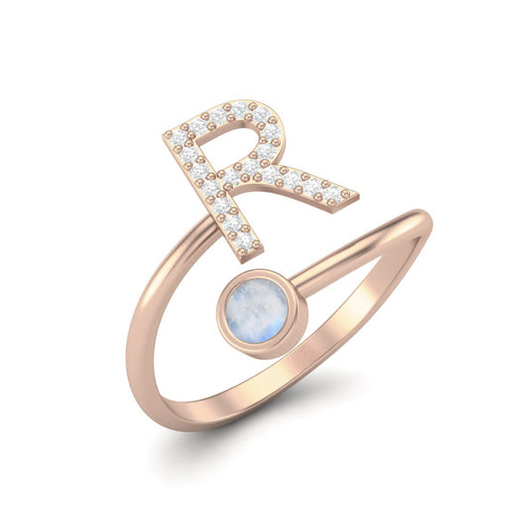Capital R Initial Letter Moonstone Gemstone Ring 925 Sterling Silver Adjustable Front Open Ring