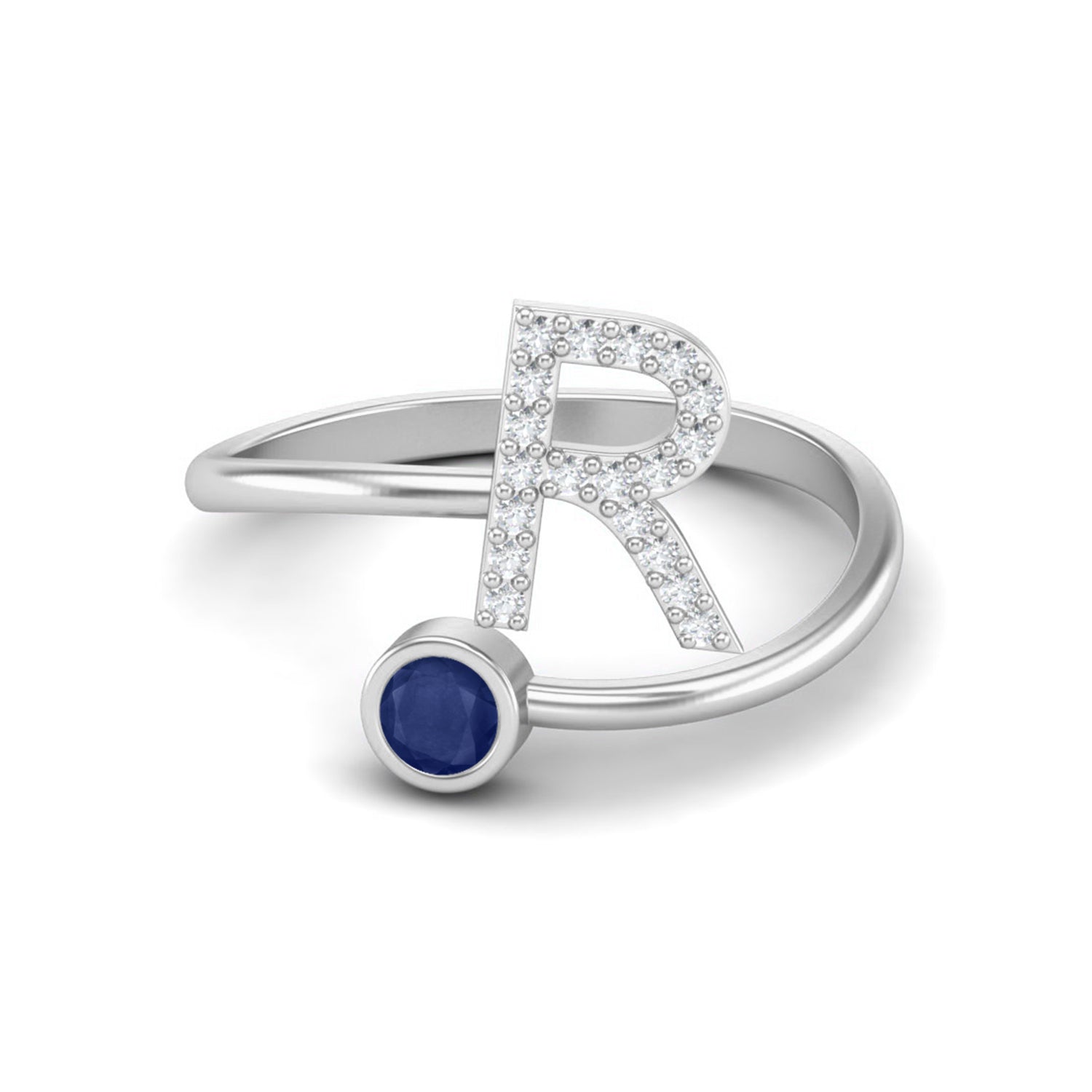 Capital R Initial Letter Blue Sapphire Ring Adjustable Front Open Ring 925 Sterling Silver Jewelry