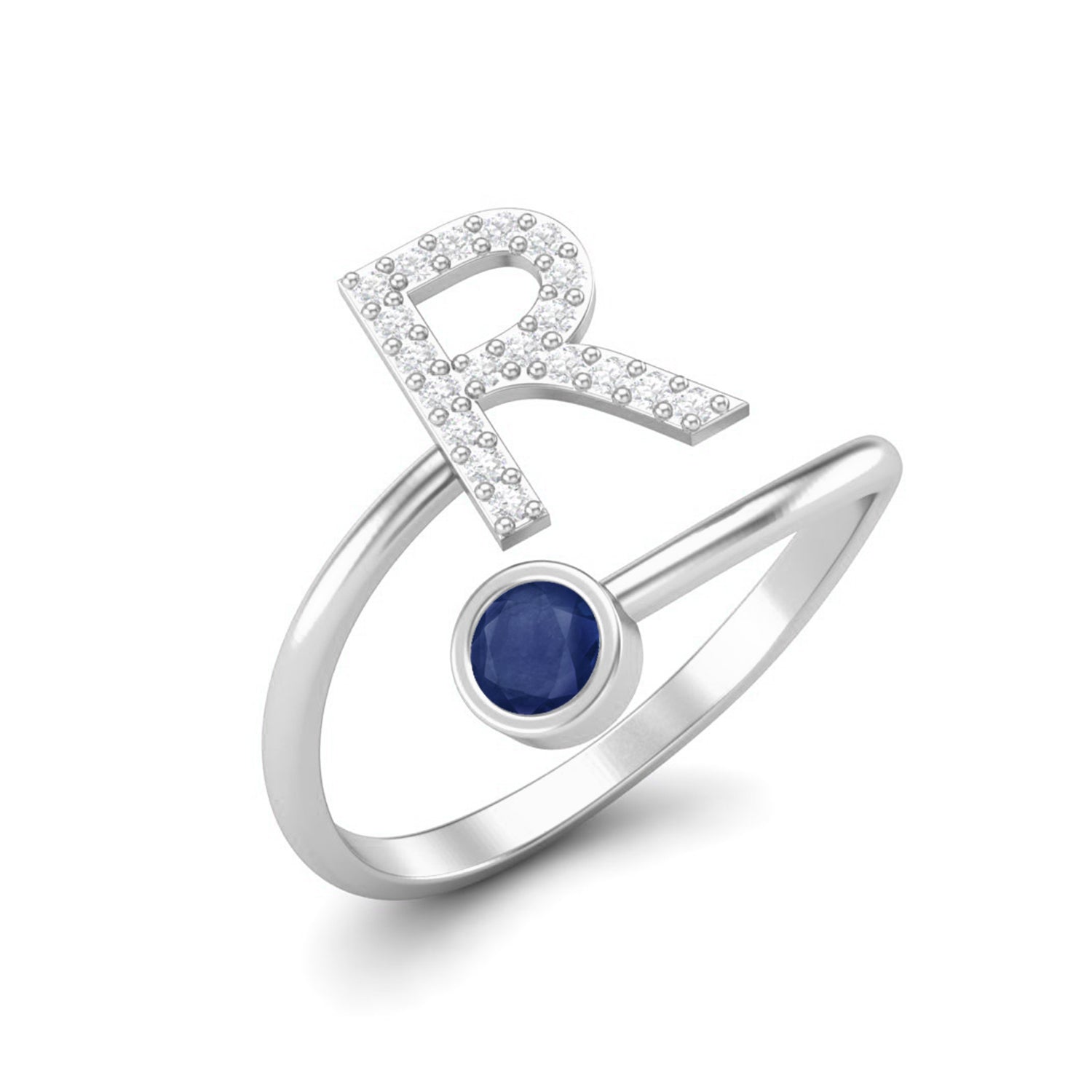 Capital R Initial Letter Blue Sapphire Ring Adjustable Front Open Ring 925 Sterling Silver Jewelry