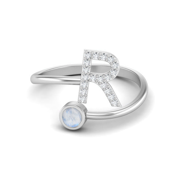 Capital R Initial Letter Moonstone Gemstone Ring 925 Sterling Silver Adjustable Front Open Ring