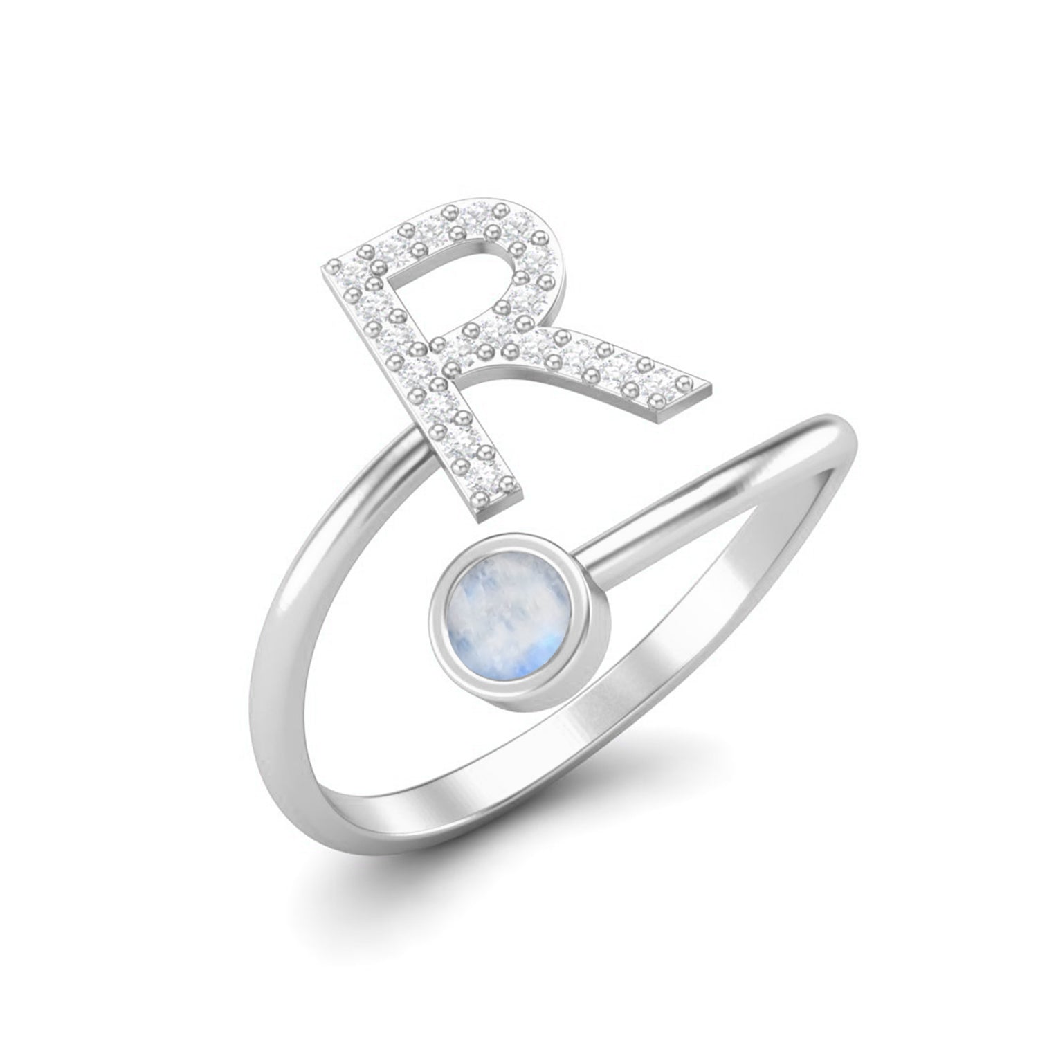 Moonstone Initial "R" Ring – Personalized Open Design Ring- Sterling Silver