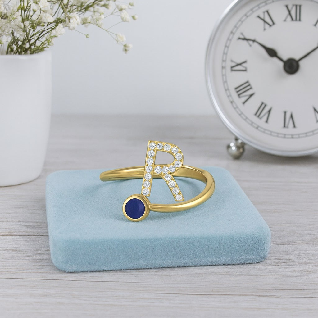 Blue Sapphire Initial "R" Ring – Sterling Silver