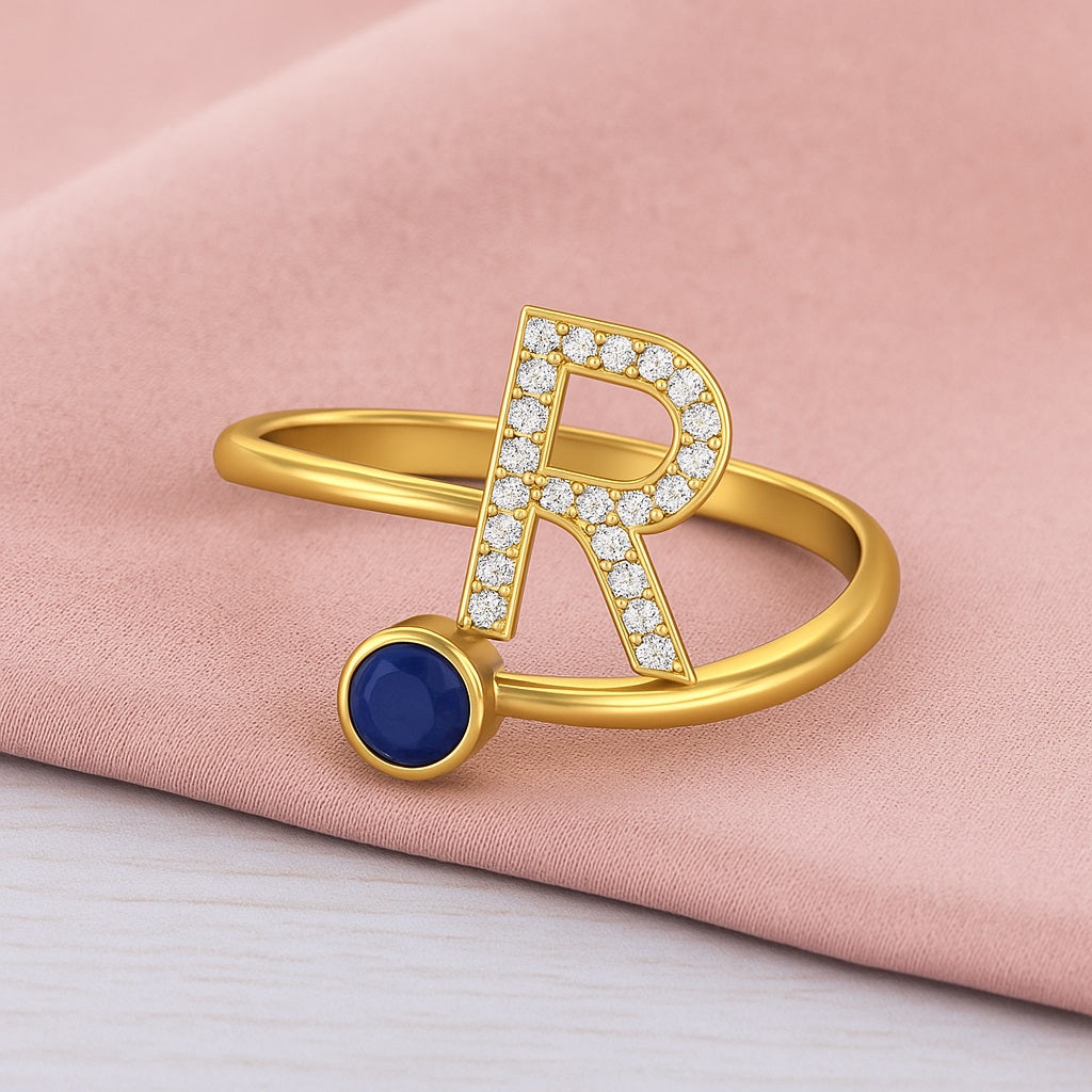 Blue Sapphire Initial "R" Ring – Sterling Silver