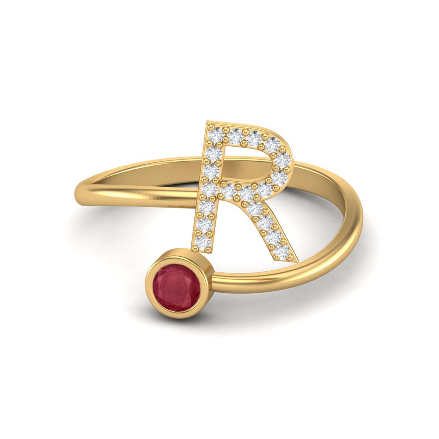 Ruby 0.10 Ct Round Initial "R" Ring- 14k Fine Yellow Gold
