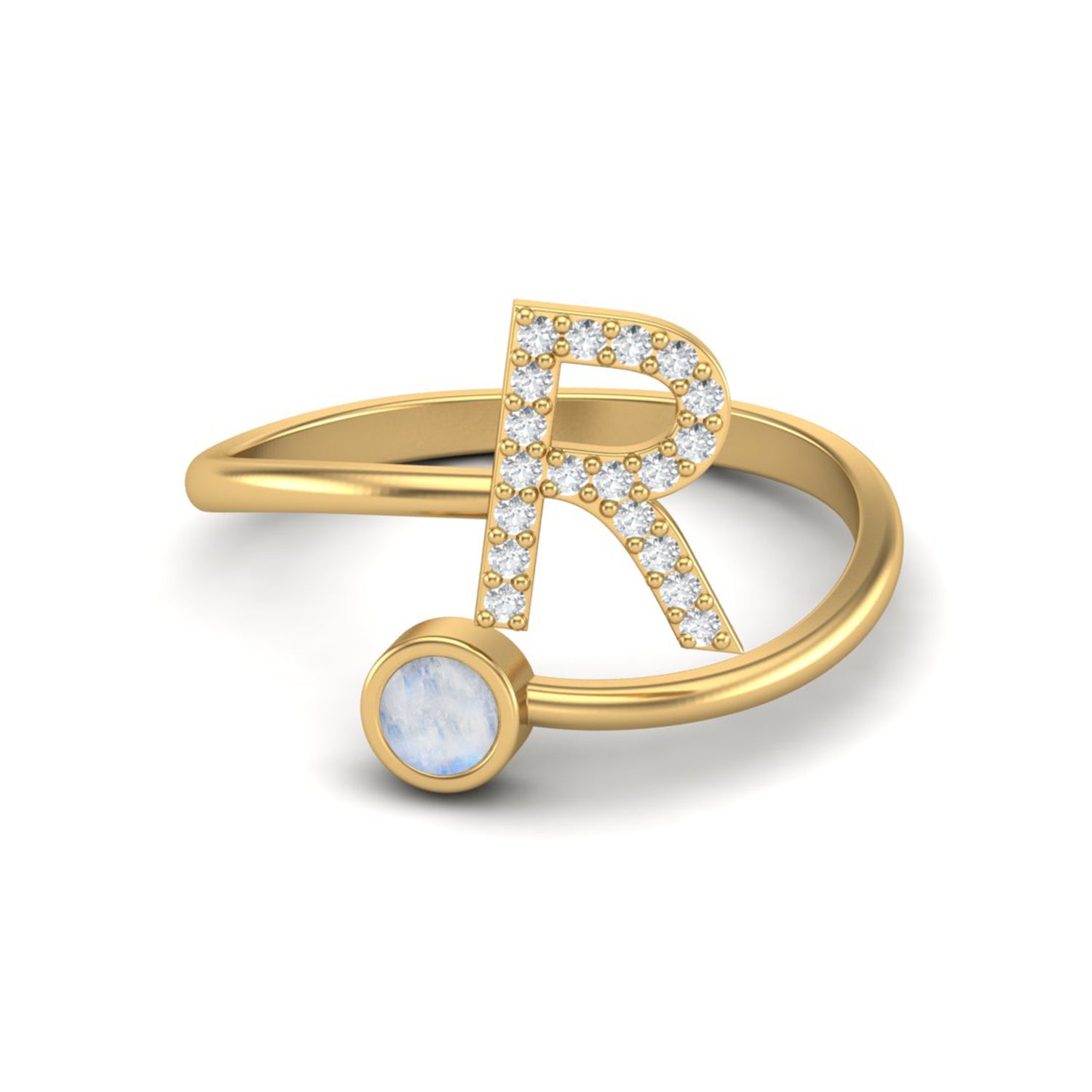Moonstone Initial "R" Ring – Personalized Open Design Ring- Sterling Silver
