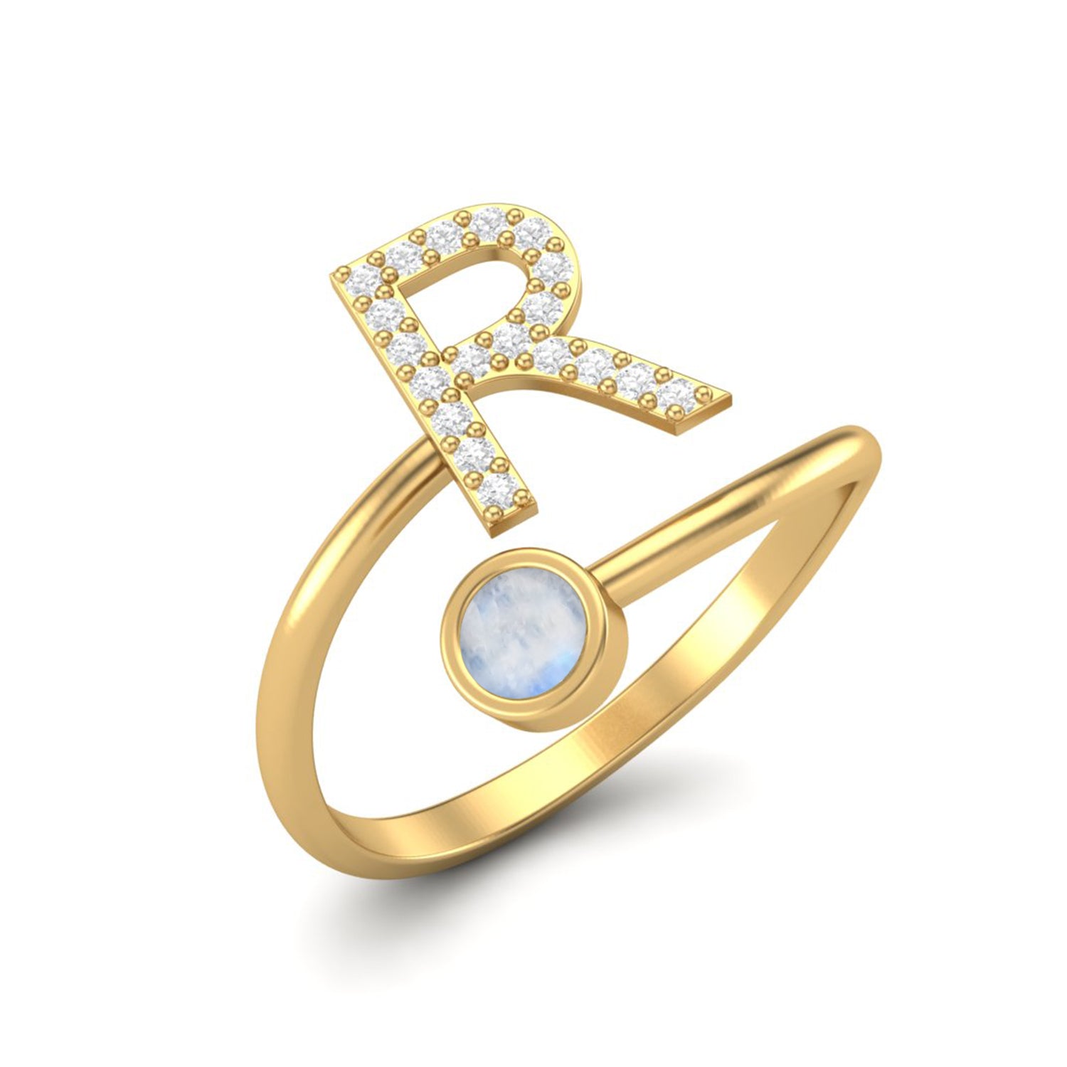 Moonstone Initial "R" Ring – Personalized Open Design Ring- Sterling Silver