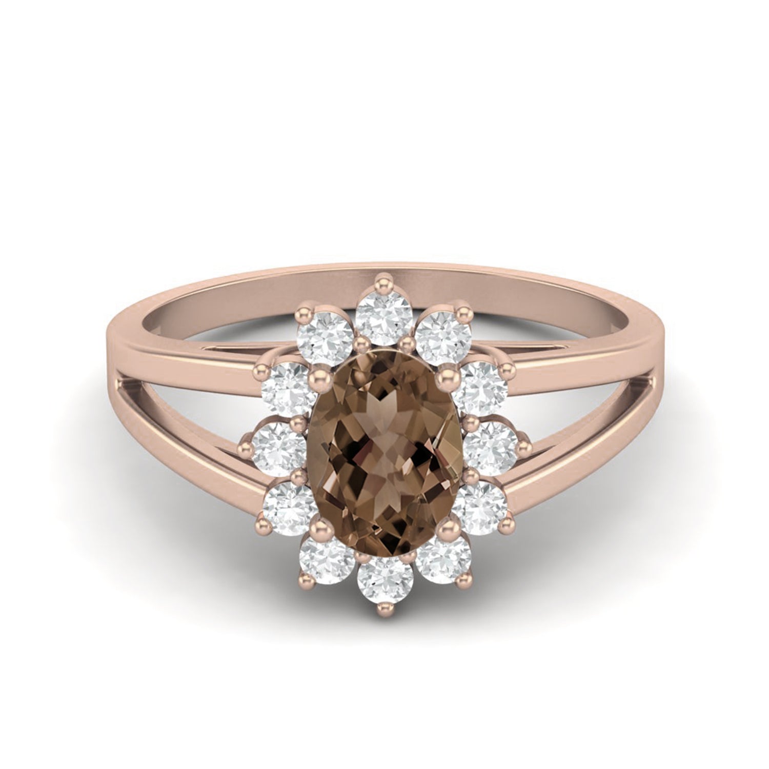 Smoky Quartz 1.00 Ct Oval Halo Split Shank Ring – 14K Yellow Gold