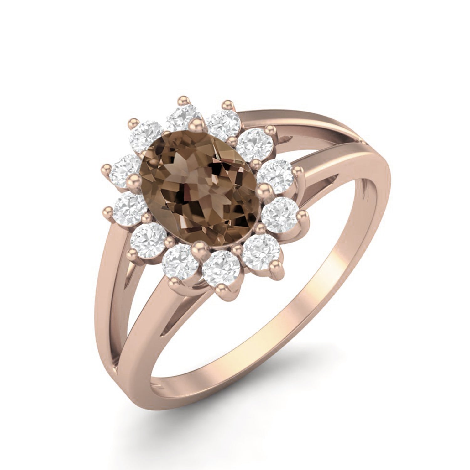 Smoky Quartz 1.00 Ct Oval Halo Split Shank Ring – 14K Yellow Gold