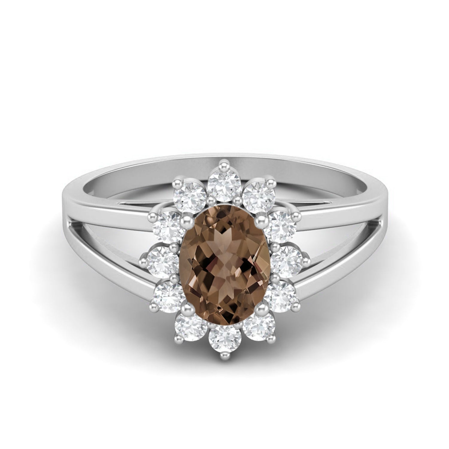 Smoky Quartz 1.00 Ct Oval Halo Split Shank Ring – 14K Yellow Gold