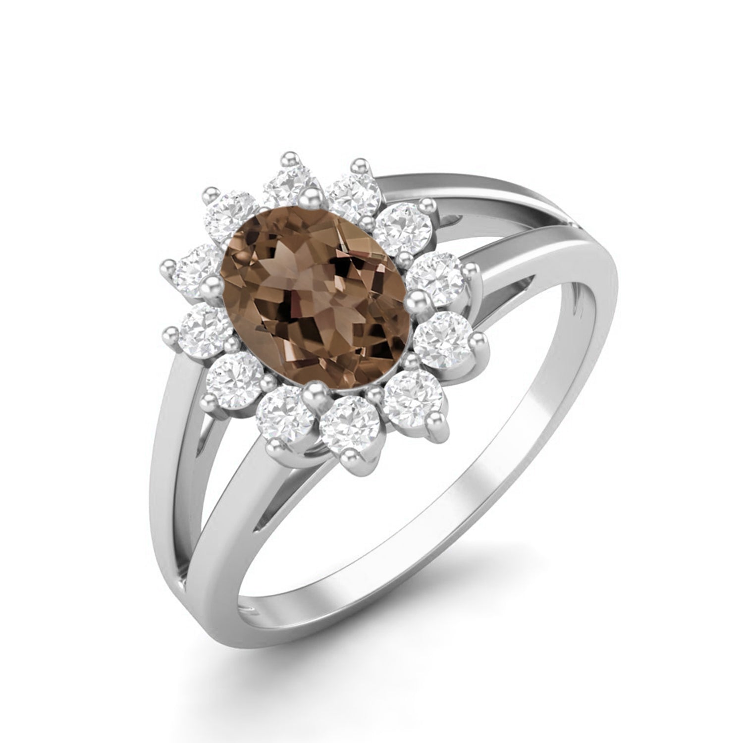 Smoky Quartz 1.00 Ct Oval Halo Split Shank Ring – 14K Yellow Gold