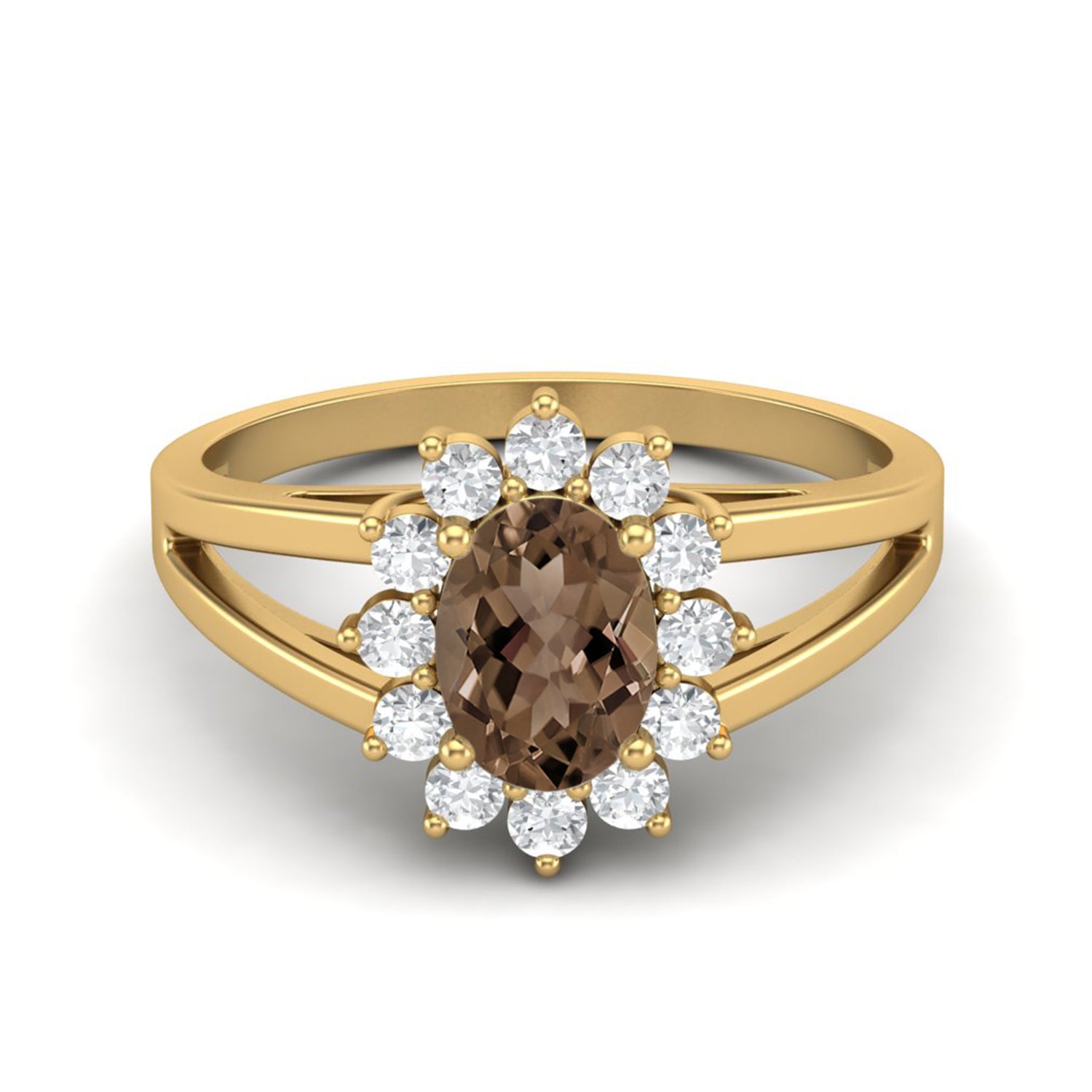 Smoky Quartz 1.00 Ct Oval Halo Split Shank Ring – 14K Yellow Gold