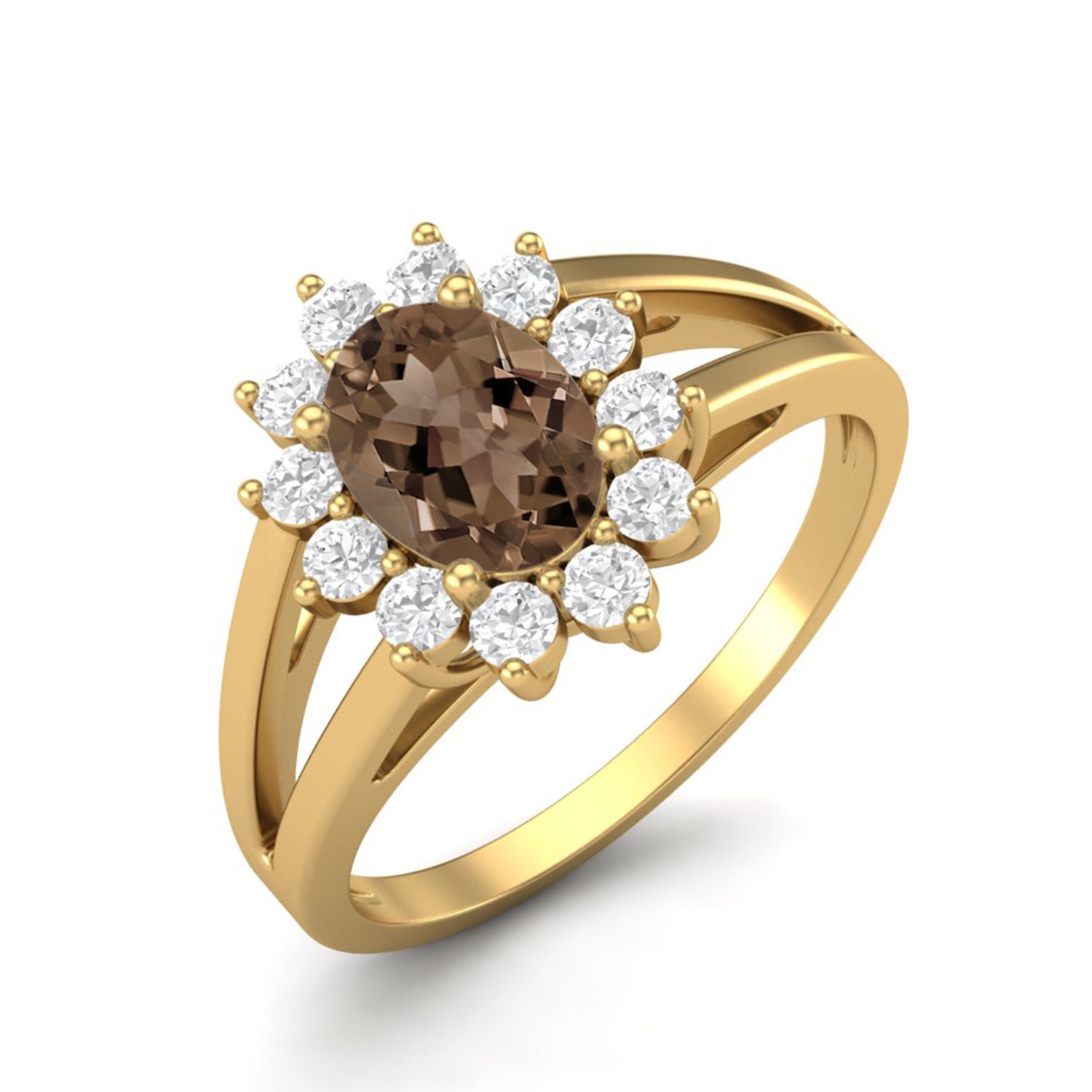 Smoky Quartz 1.00 Ct Oval Halo Split Shank Ring – 14K Yellow Gold