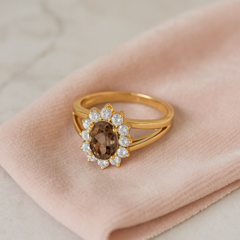 Smoky Quartz 1.00 Ct Oval Halo Split Shank Ring – 14K Yellow Gold