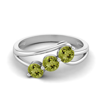 Round Shaped Peridot Three Stone Engagement Ring 925 Sterling Silver Bypass Bridal Ring
