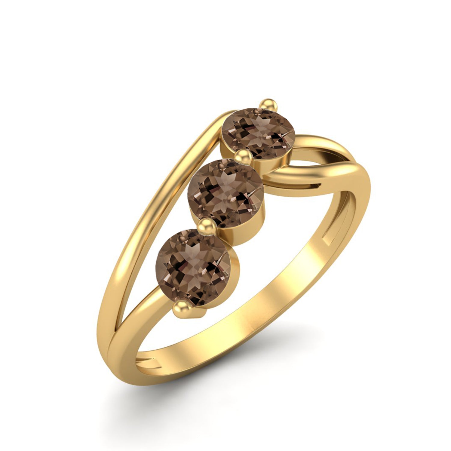 Smoky Quartz 1.50 Ct Round Three Stone Ring - 14K Yellow Gold