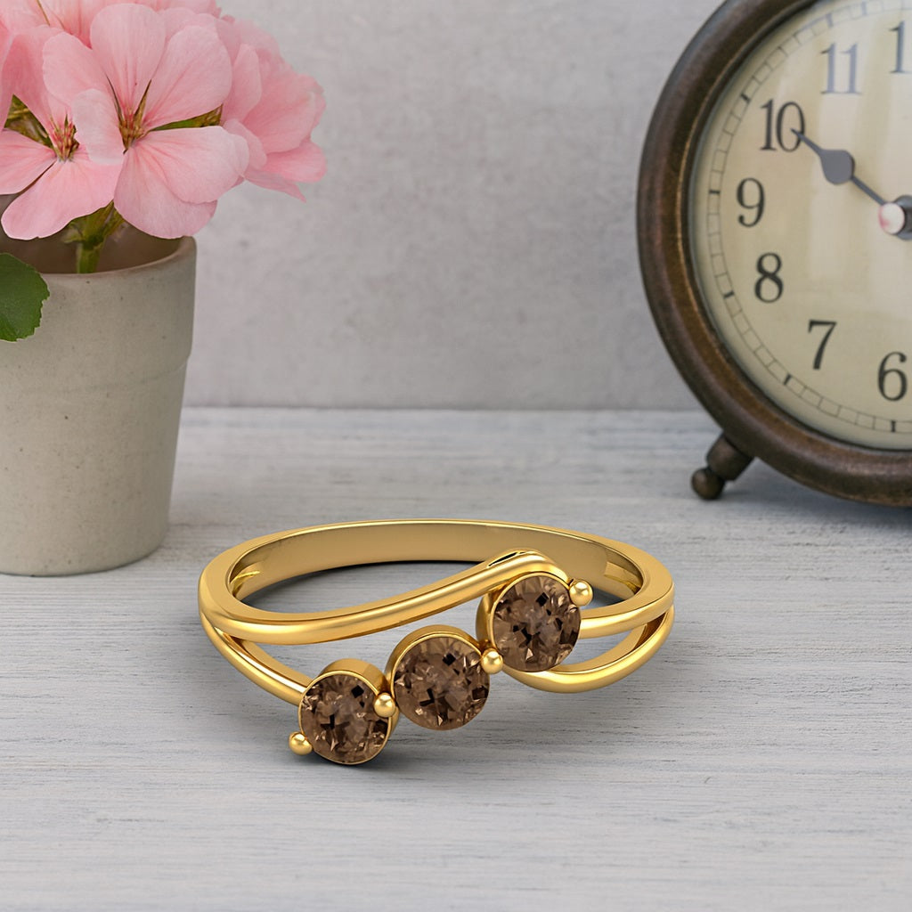 Smoky Quartz 1.50 Ct Round Three Stone Ring - 14K Yellow Gold