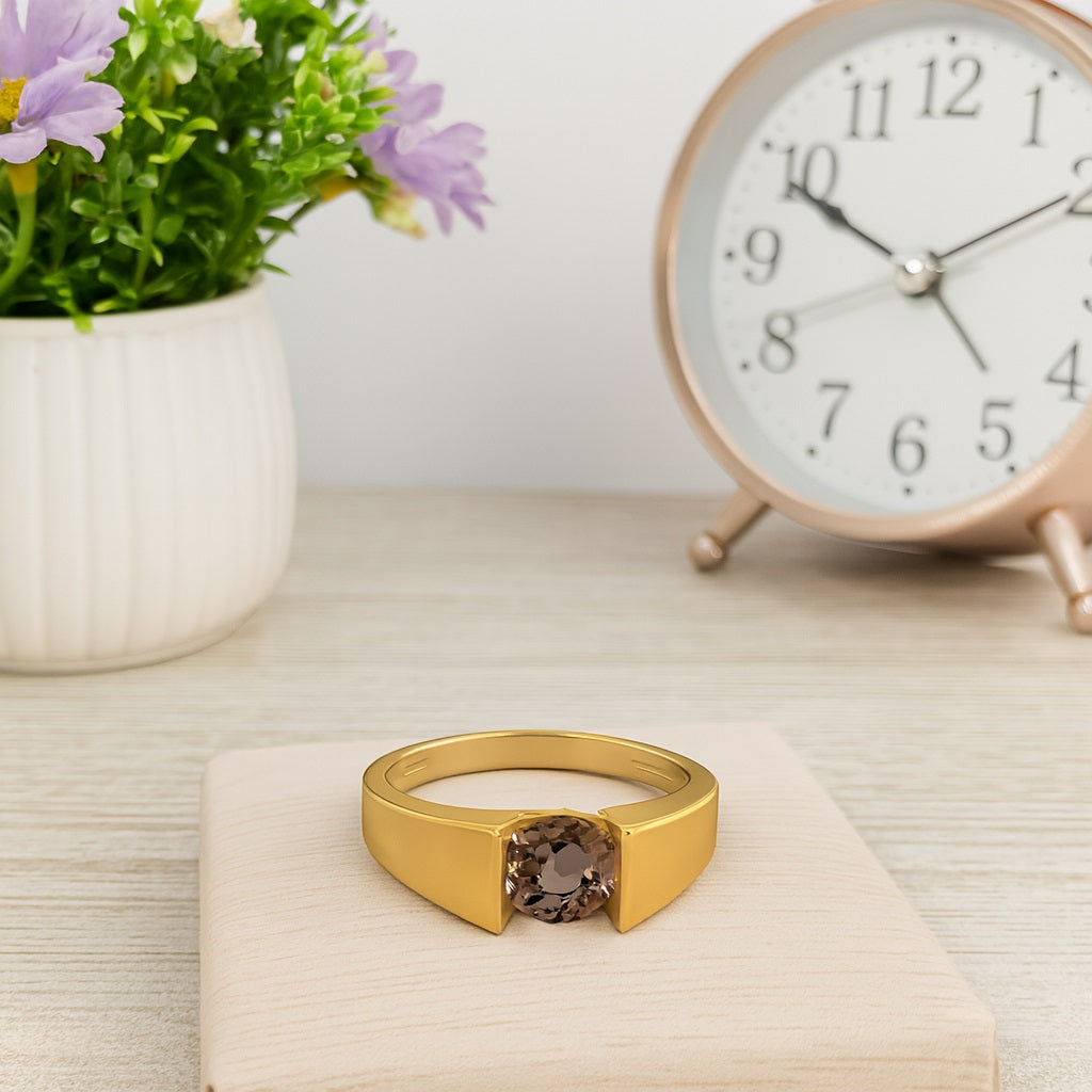 Smoky Quartz 0.75 Ct Round Modern Bezel Set Ring - 14K Yellow Gold