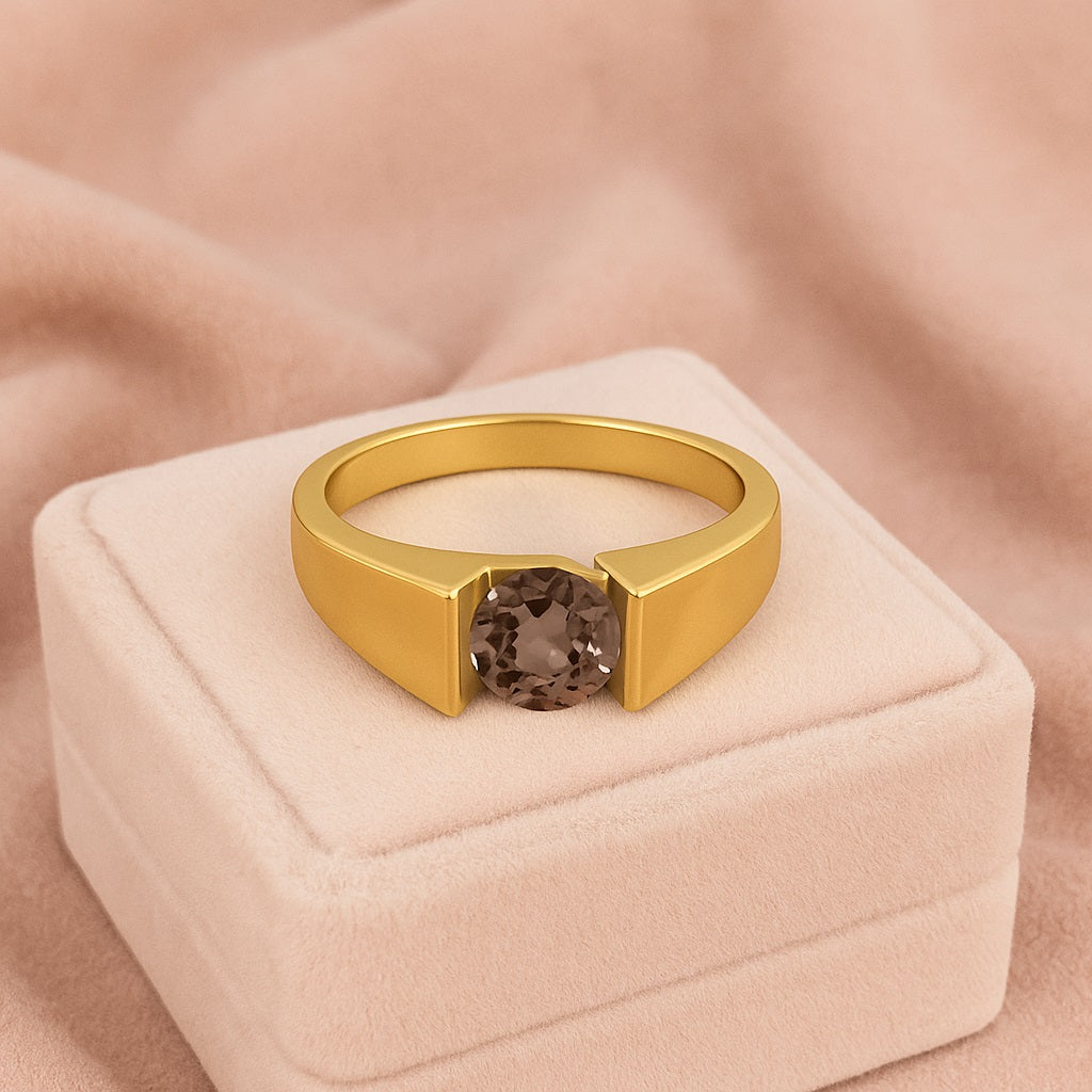 Smoky Quartz 0.75 Ct Round Modern Bezel Set Ring - 14K Yellow Gold