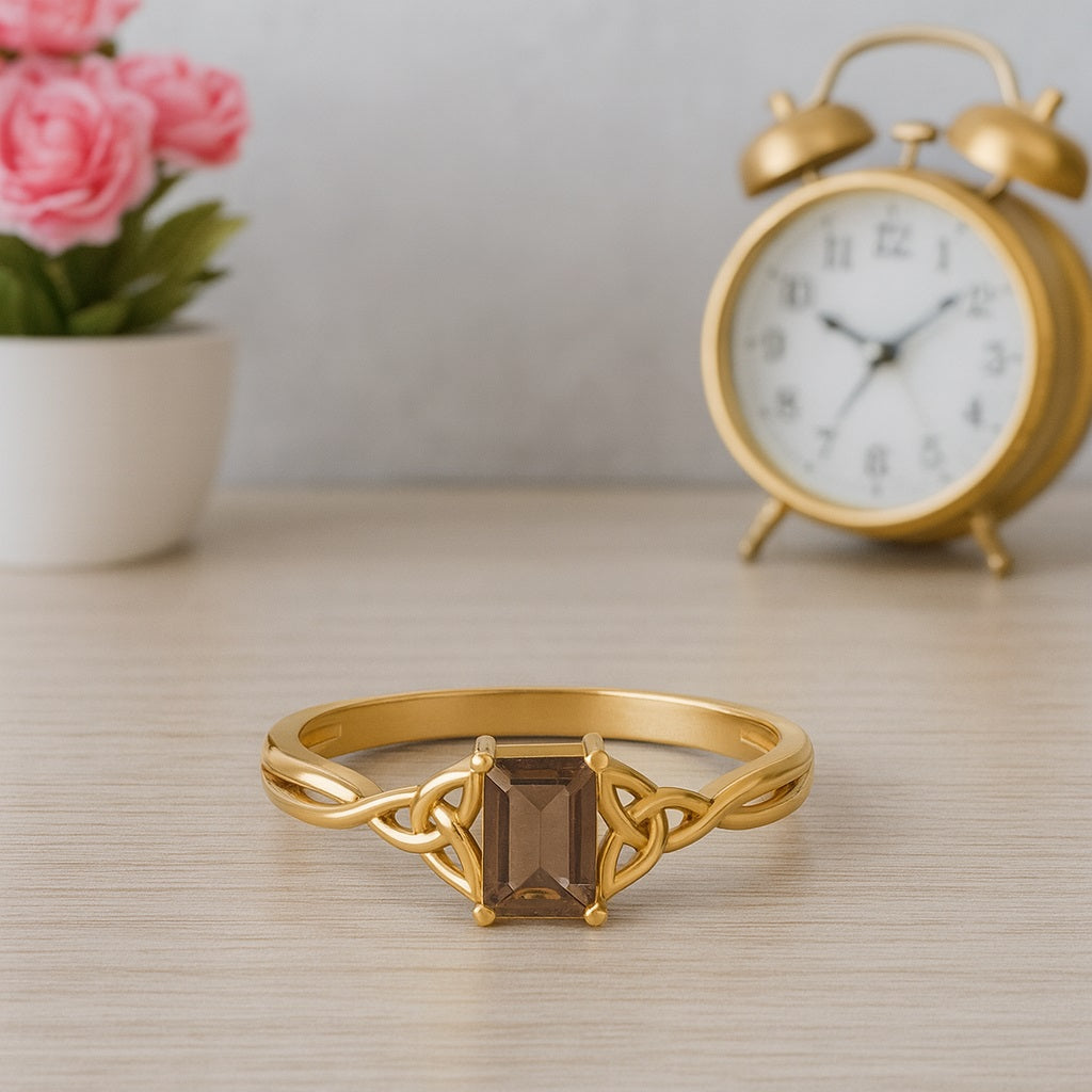 0.50 Ct Octagon Smoky Quartz Celtic Knot Ring - 14K Yellow Gold
