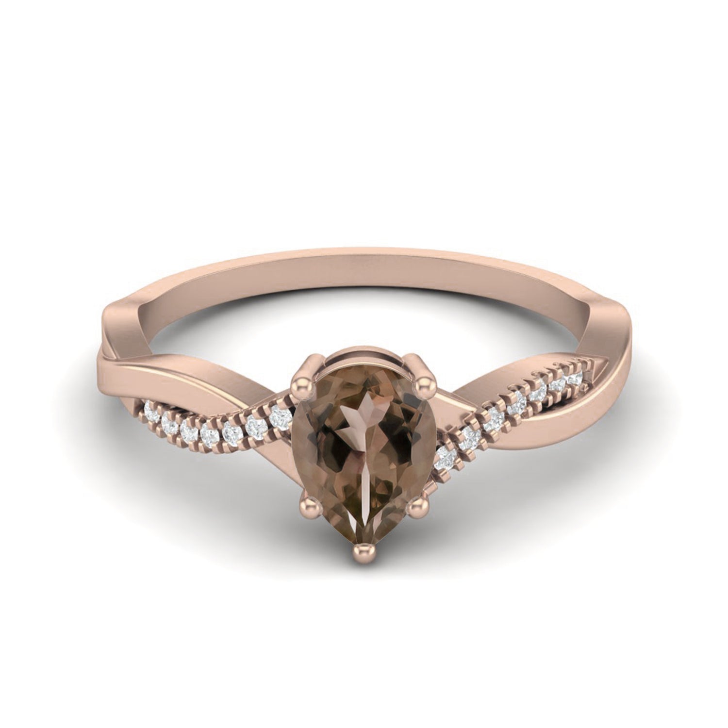 Smoky Quartz 0.75 Ct Pear Twisted Pavé Band Ring - 14K Yellow Gold