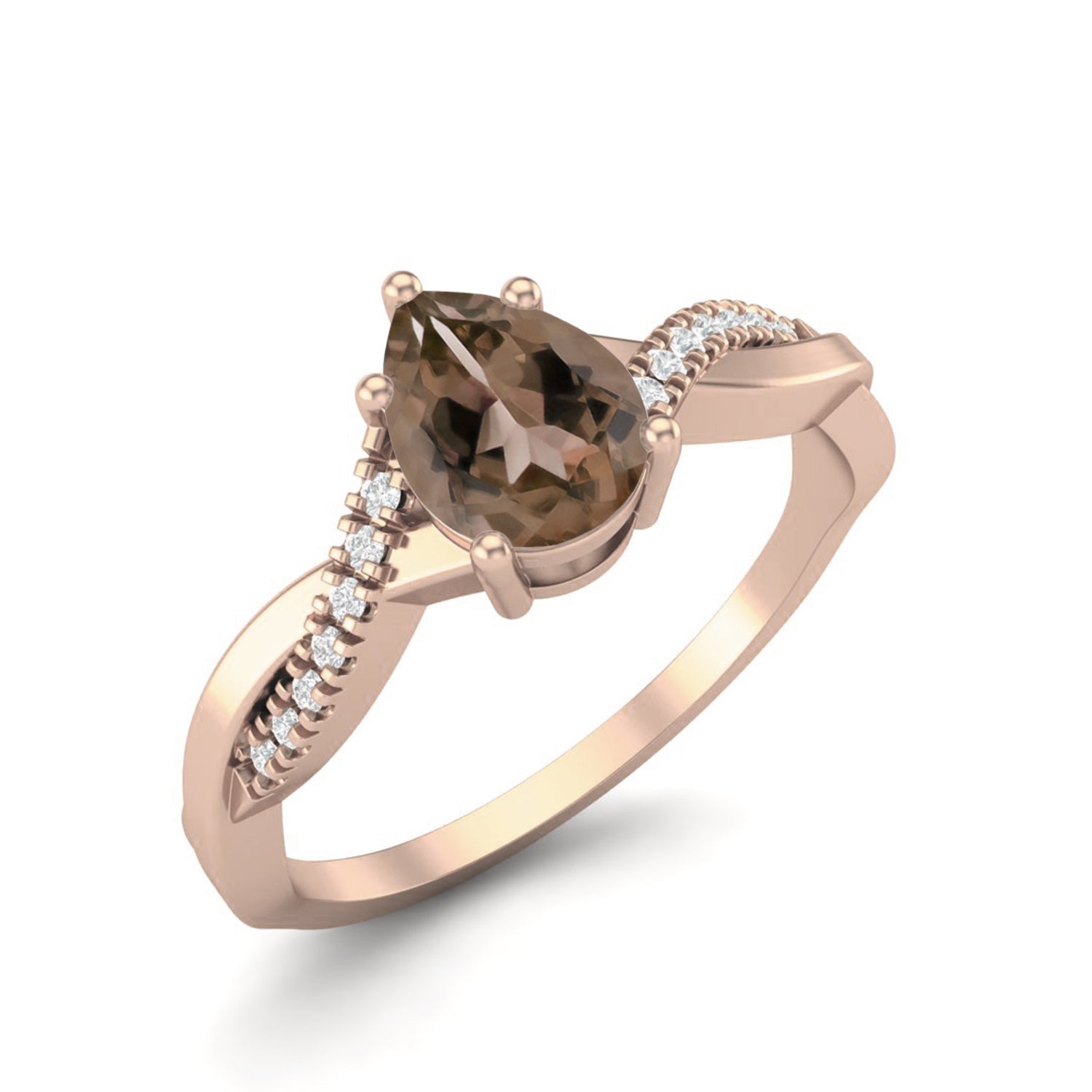 Smoky Quartz 0.75 Ct Pear Twisted Pavé Band Ring - 14K Yellow Gold