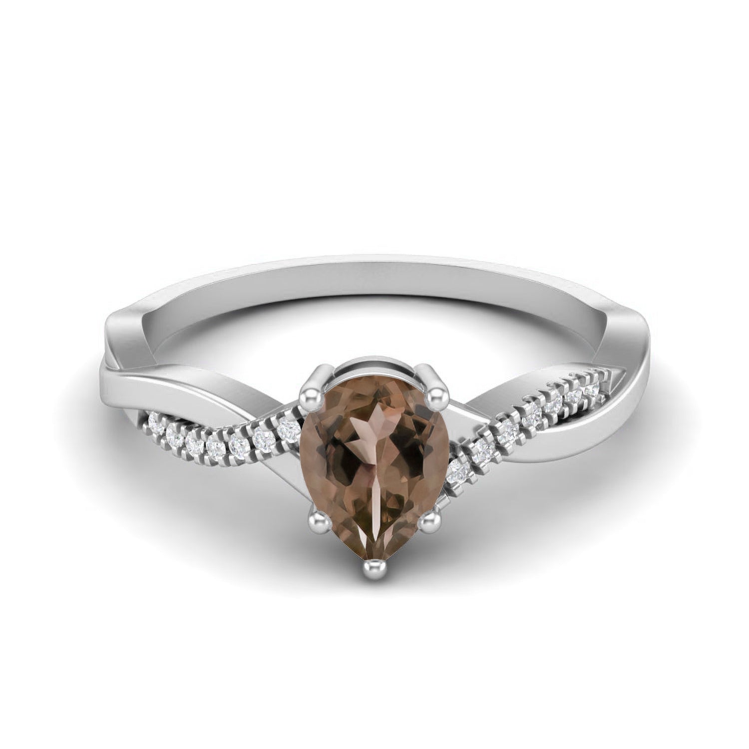 Smoky Quartz 0.75 Ct Pear Twisted Pavé Band Ring - 14K Yellow Gold