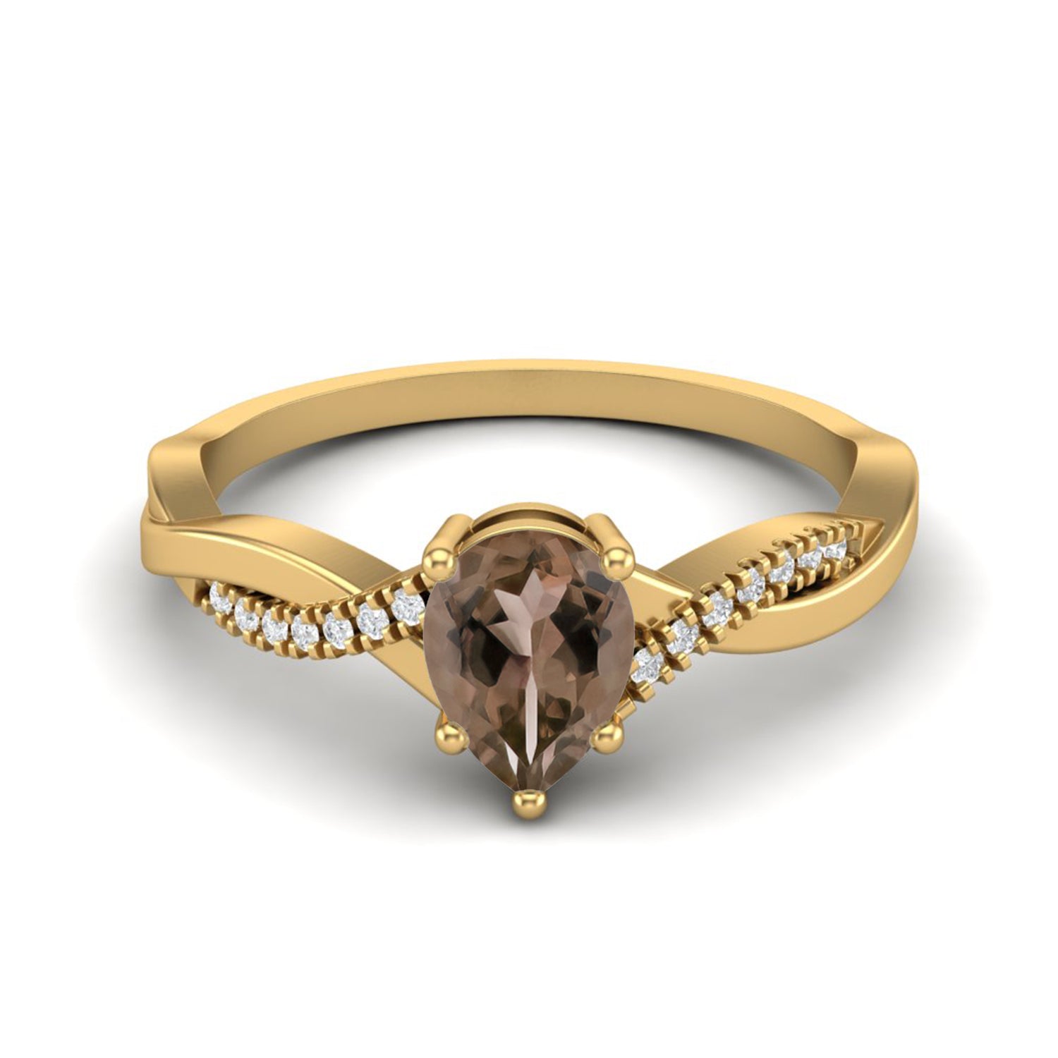 Smoky Quartz 0.75 Ct Pear Twisted Pavé Band Ring - 14K Yellow Gold