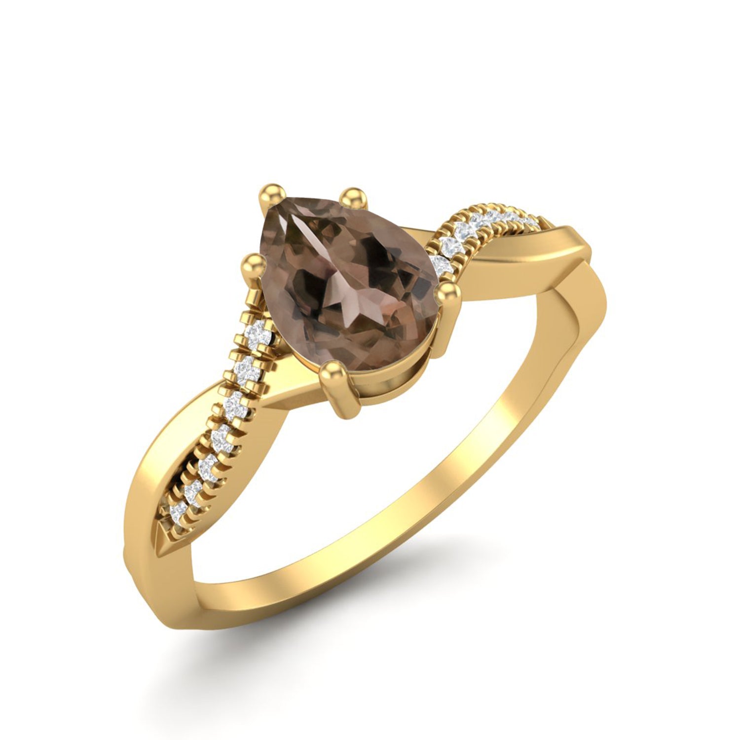 Smoky Quartz 0.75 Ct Pear Twisted Pavé Band Ring - 14K Yellow Gold