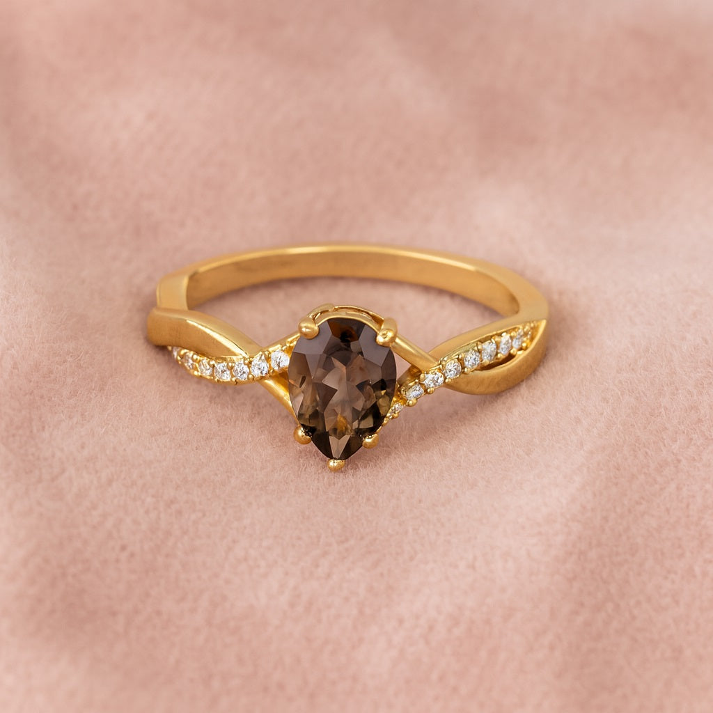 Smoky Quartz 0.75 Ct Pear Twisted Pavé Band Ring - 14K Yellow Gold