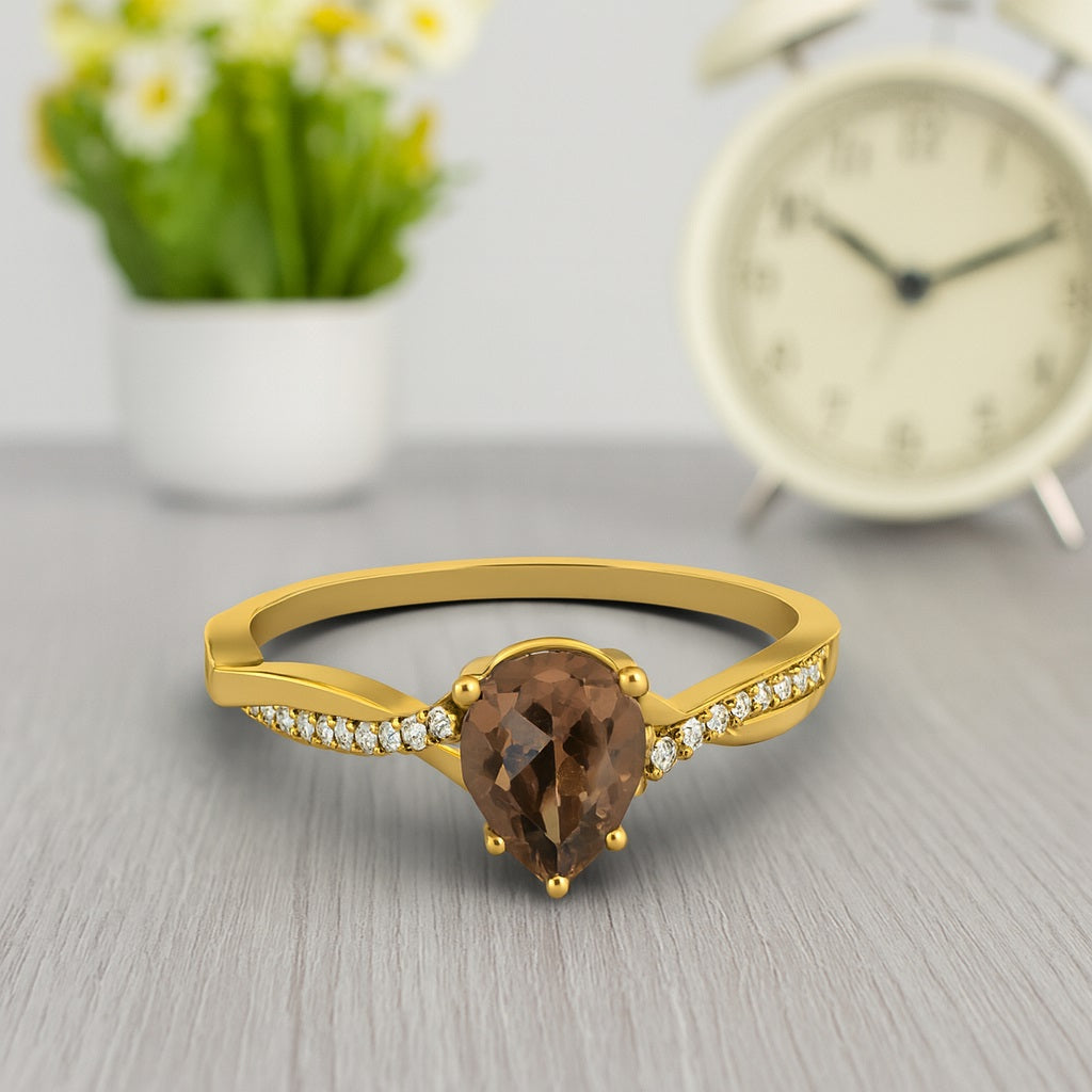 Smoky Quartz 0.75 Ct Pear Twisted Pavé Band Ring - 14K Yellow Gold