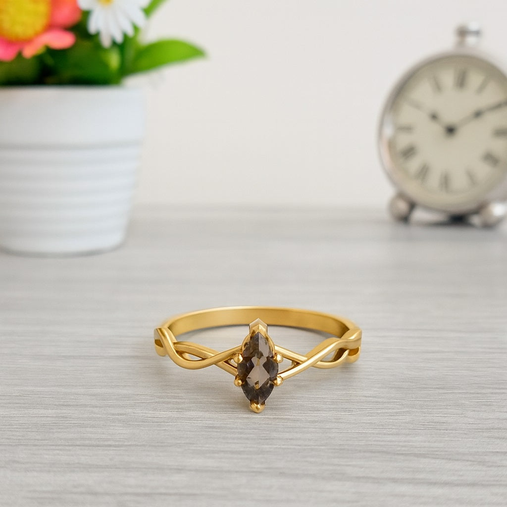 Smoky Quartz 0.30 Ct Marquise Celtic Inspired Ring – 14K Yellow Gold