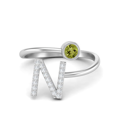 Capital N Initial Letter Round Shape Peridot Gemstone Ring Adjustable Front Open Ring 925 Sterling Silver Ring