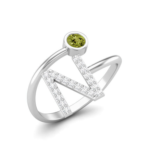 Capital N Initial Letter Round Shape Peridot Gemstone Ring Adjustable Front Open Ring 925 Sterling Silver Ring