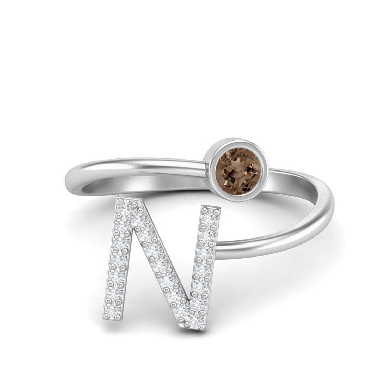 Smoky Quartz 0.10 Ct Round Initial "N" Ring - 14K Yellow Gold