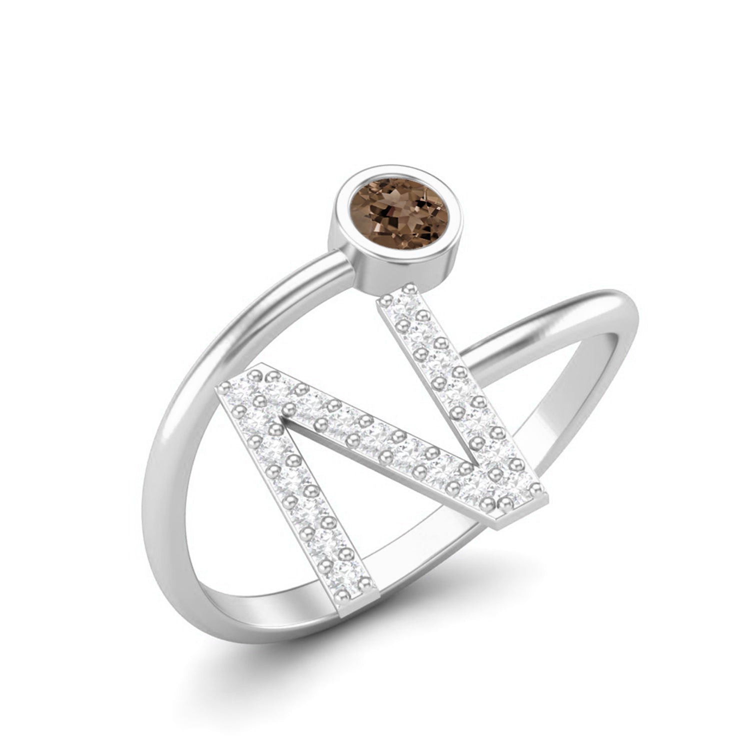 Smoky Quartz 0.10 Ct Round Initial "N" Ring - 14K Yellow Gold