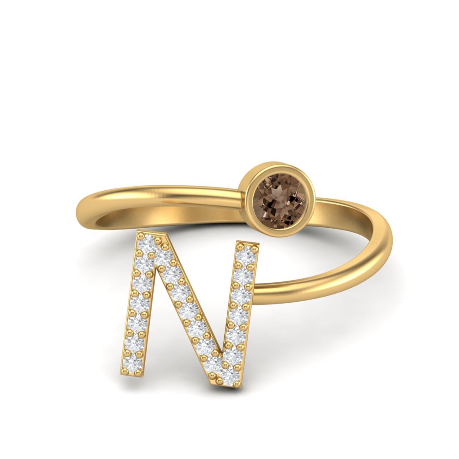 Smoky Quartz 0.10 Ct Round Initial "N" Ring - 14K Yellow Gold