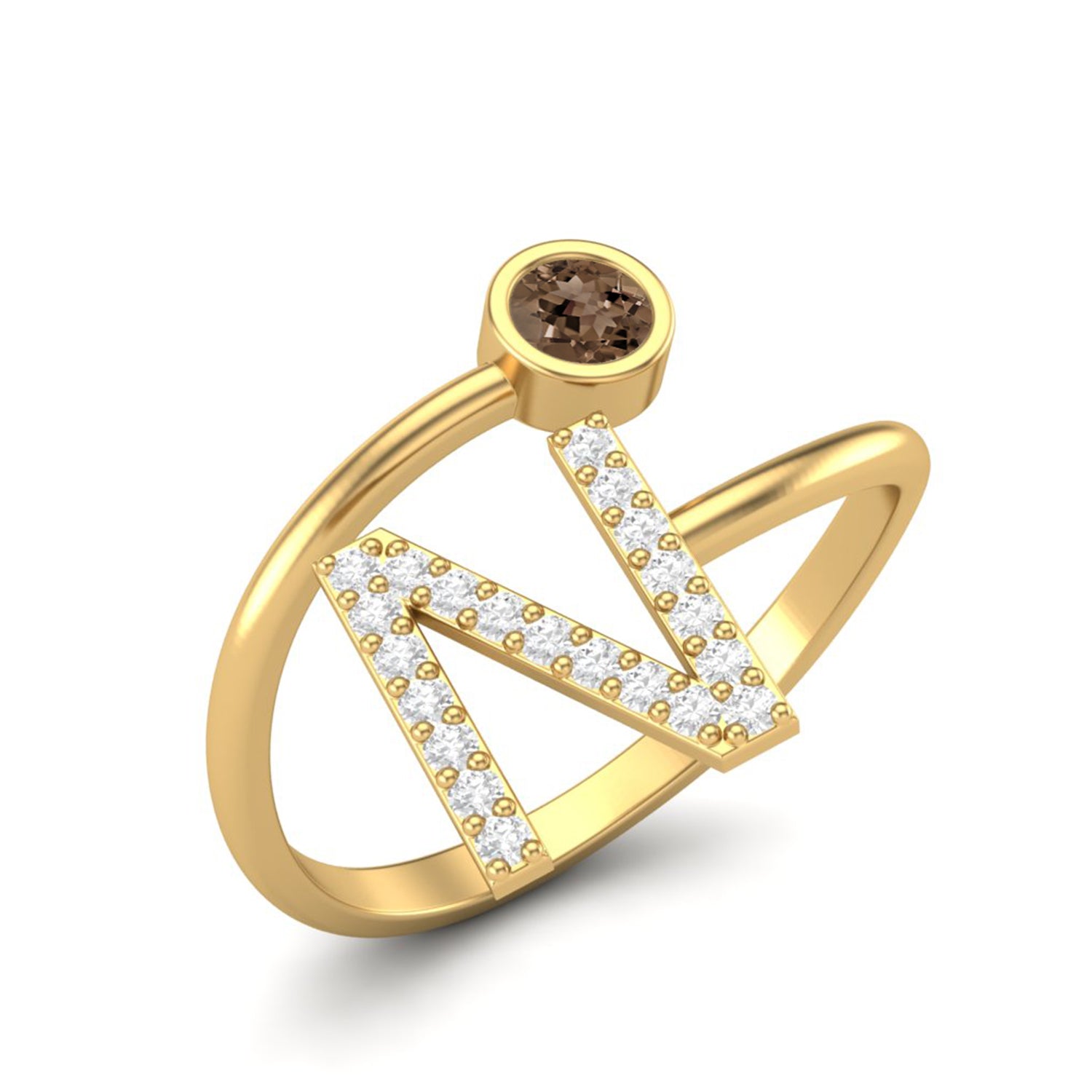 Smoky Quartz 0.10 Ct Round Initial "N" Ring - 14K Yellow Gold