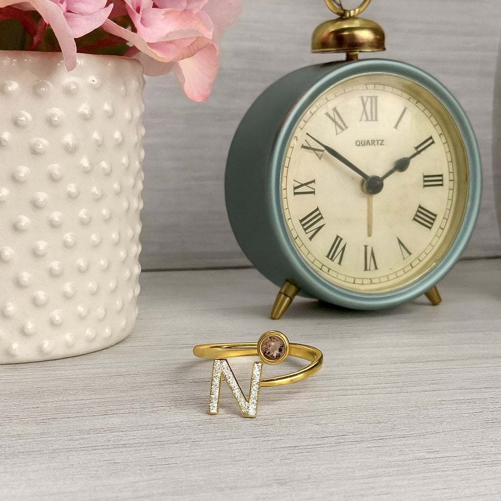 Smoky Quartz 0.10 Ct Round Initial "N" Ring - 14K Yellow Gold